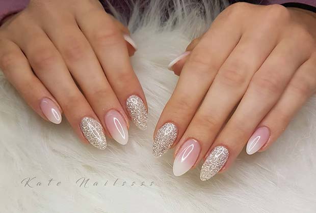 Silver Glitter and French Fade Nails