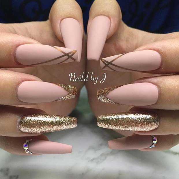 Matte Nude and Gold Glitter Nails