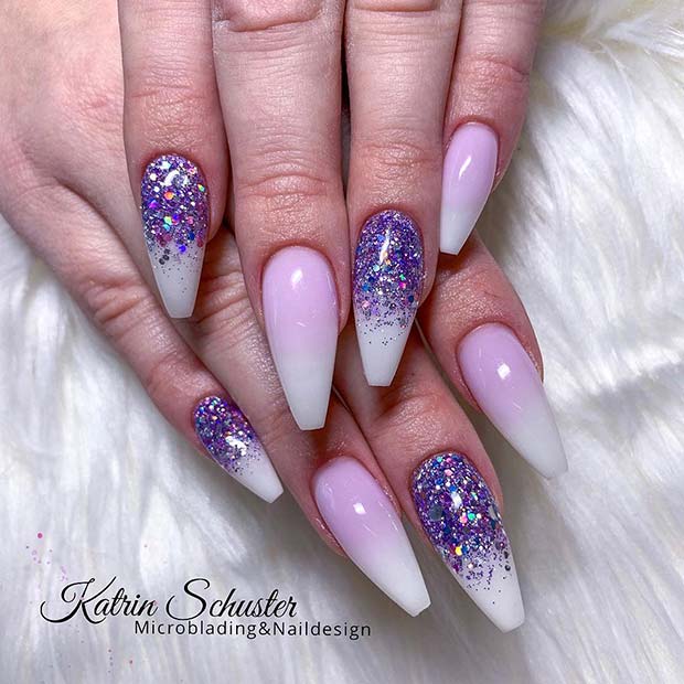 Purple Glitter Ombre Coffin Acrylic Nails