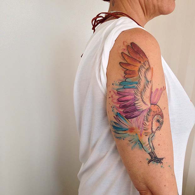 Colorful Owl Arm Tattoo