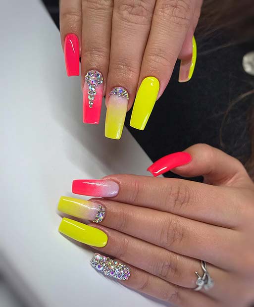Neon Pink and Yellow Nails with Rhinestones