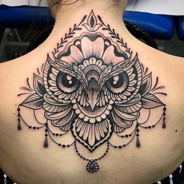 Ornamental Owl Back Tattoo