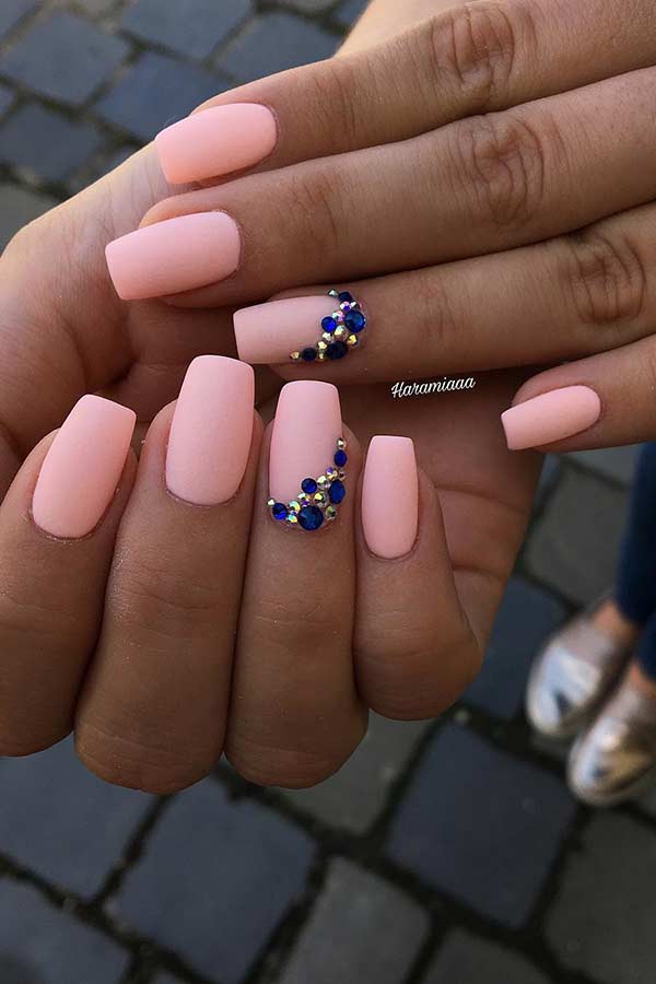 Peachy Matte Nails with Rhinestones