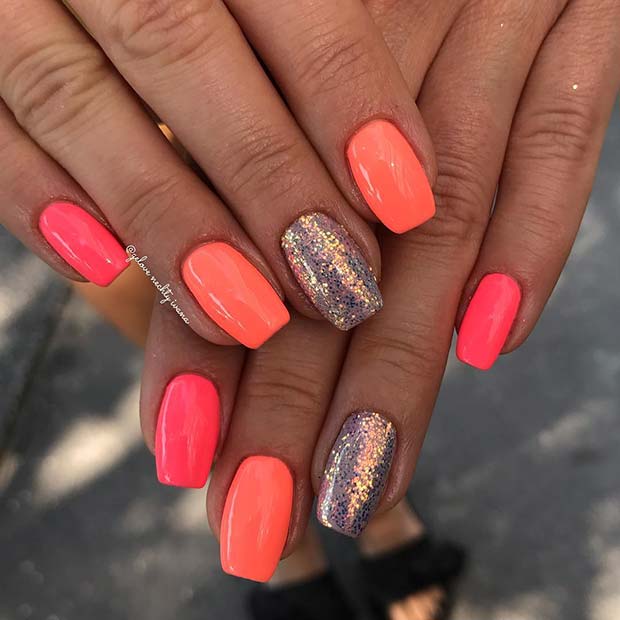 Pink, Orange and Glitter Nails
