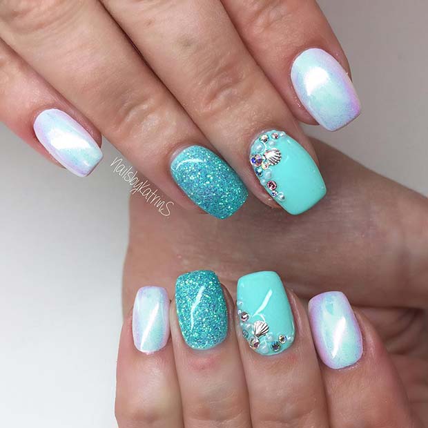 Chrome and Glitter Mermaid Nails