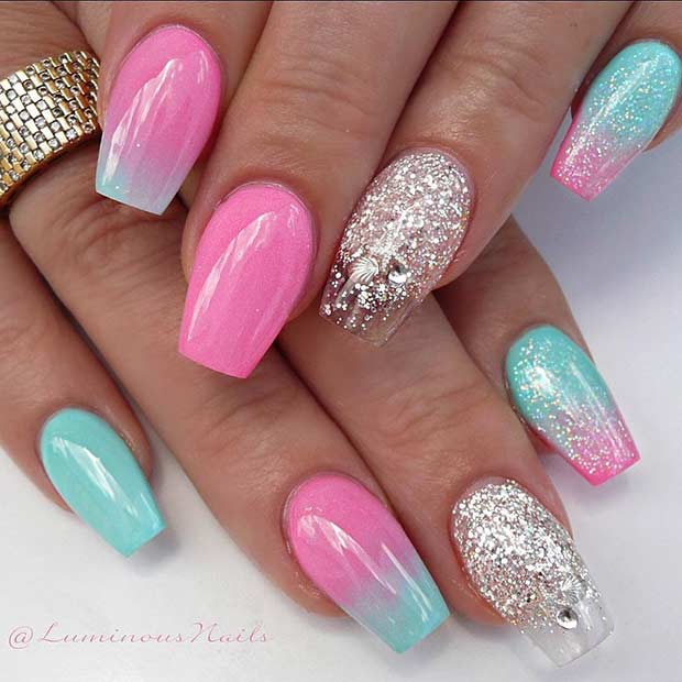 Cute Pink Ombre Nails with Shells