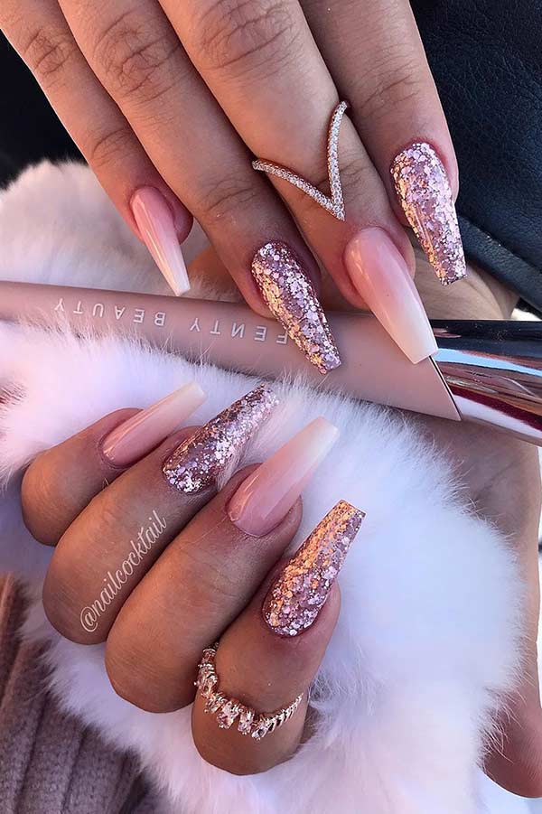 French Ombre and Glitter Coffin Nails