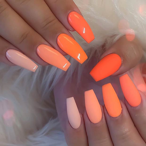 Glossy and Matte Orange Coffin Nails