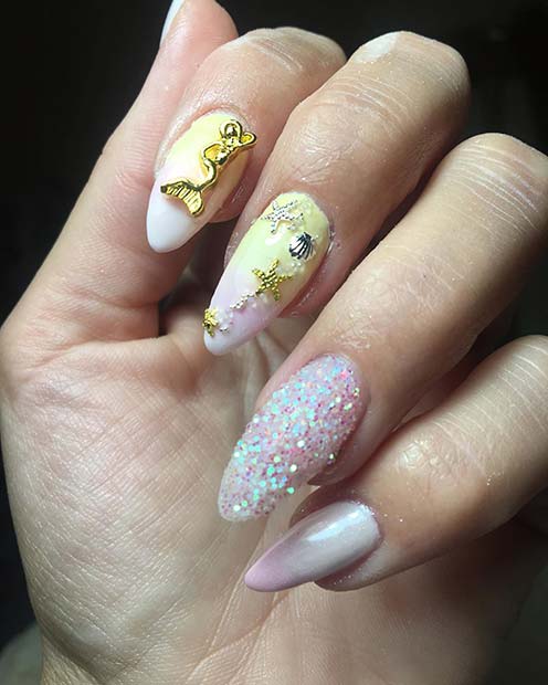 Pretty Nails with a Gold Mermaid