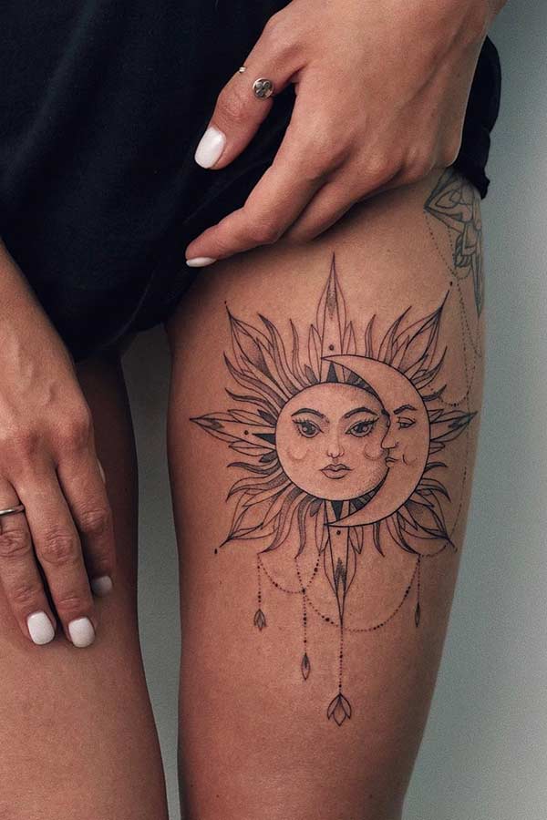 Pretty Sun and Moon Thigh Tattoo