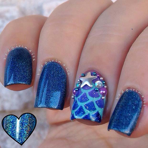 Sparkly Blue Nails with Mermaid Accent Nail