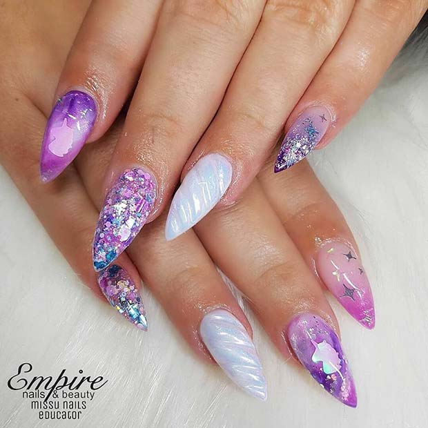Sparkly Purple Nails with a Unicorn Horn