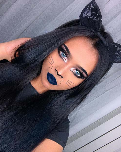 Unique Cat Makeup with Blue Lip Color