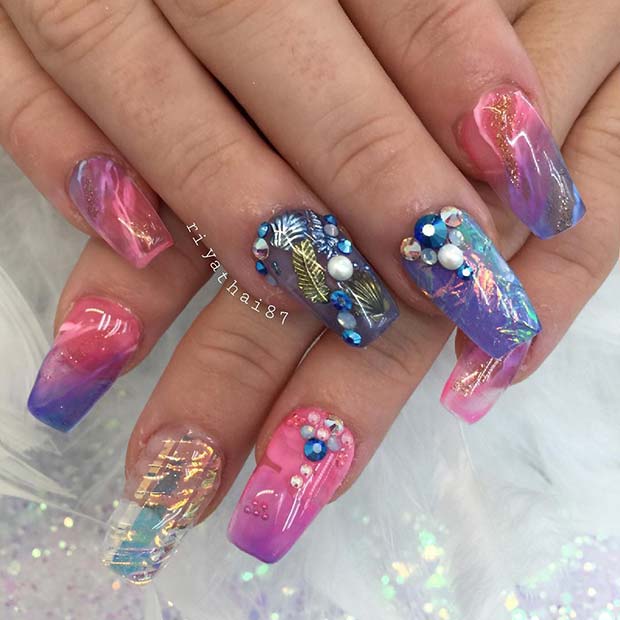 Vibrant Nails with Crystals and Shells