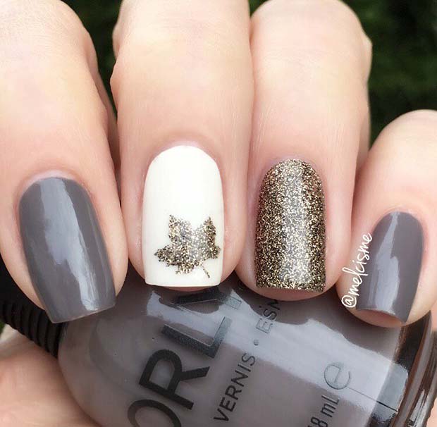 Chic Grey and Glitter Nails with a Sparkly Leaf