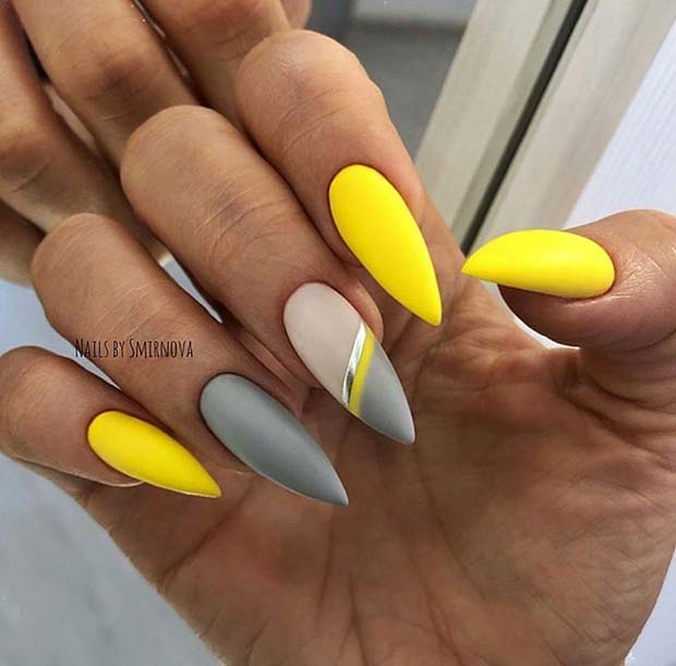Chic, Matte Yellow and Grey Nails