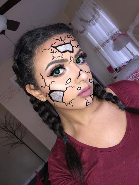 Cracked Doll Makeup with Glitter