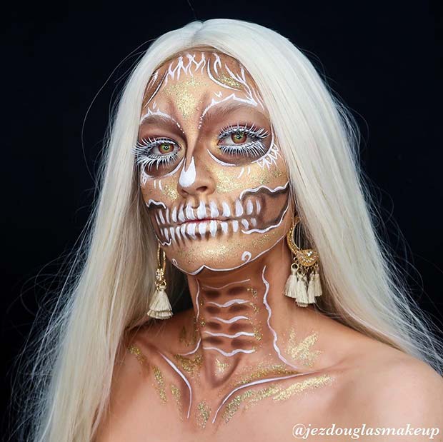White and Gold Skeleton Makeup