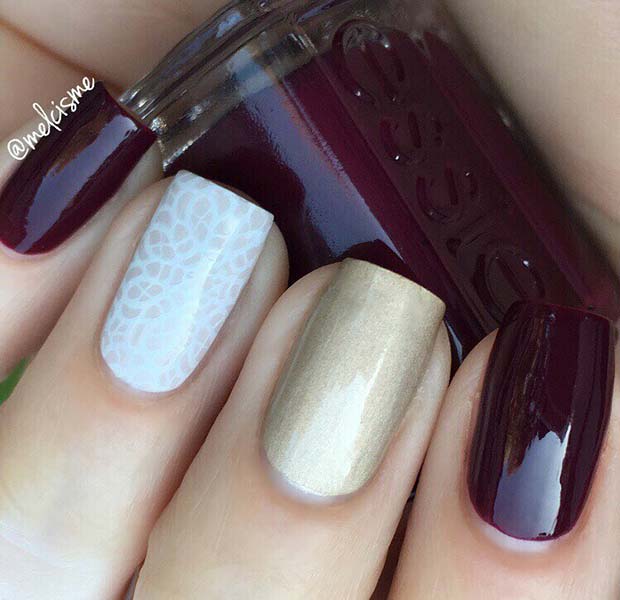 Burgundy and Gold Fall Nails