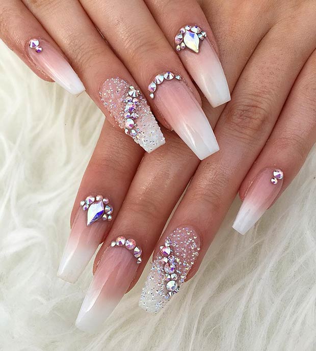 French Ombre Nails with Diamonds