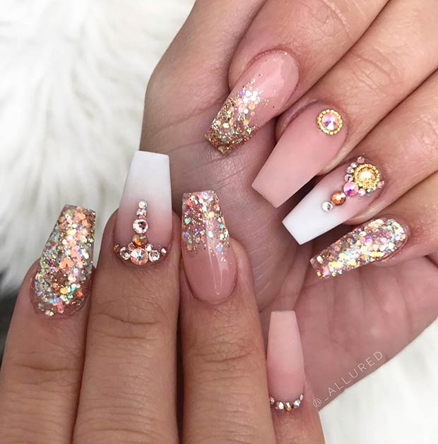 Gold Glitter and Matte Nude Nails