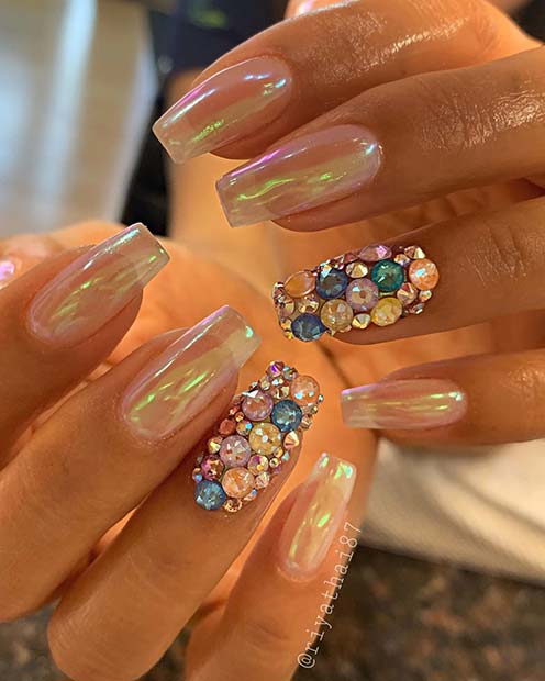 Iridescent Nails with Beautiful Diamonds