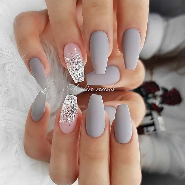 Matte Grey Nails with a Glitter Ombre Design