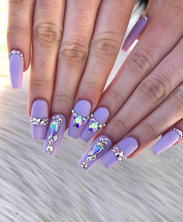 Matte Purple Nails with Diamonds