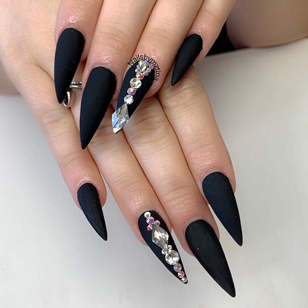 Matte Stiletto Nails with Diamonds 