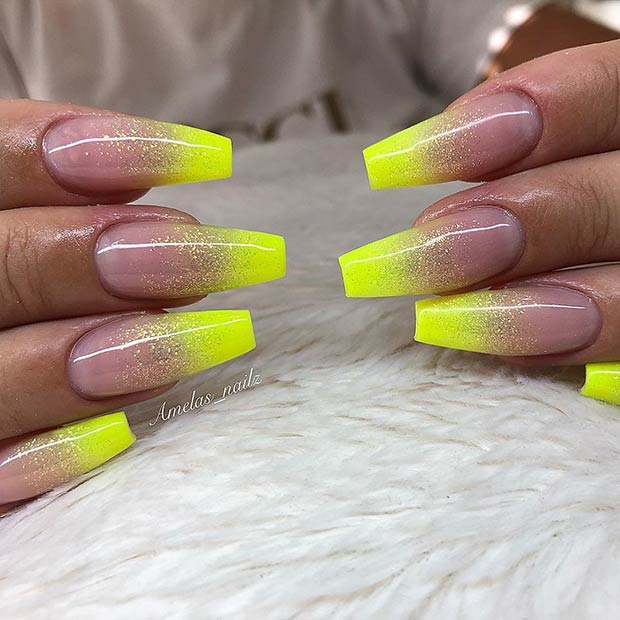 Neon Yellow Ombre Nails with Glitter