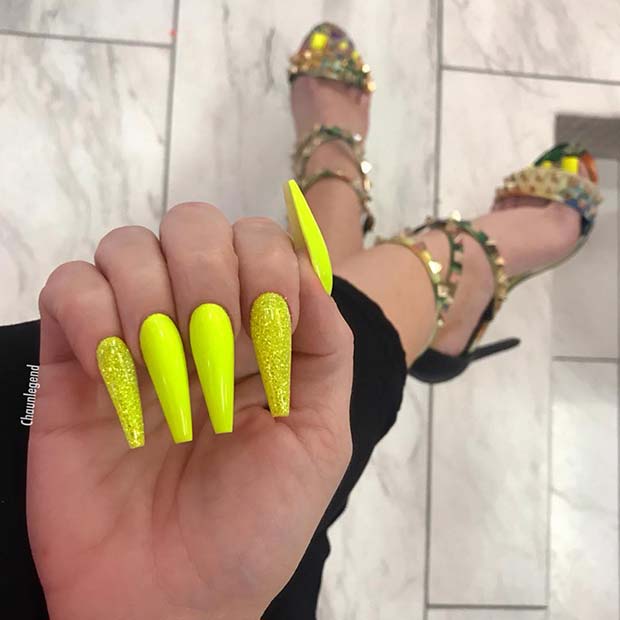 Neon Yellow and Glitter Nails