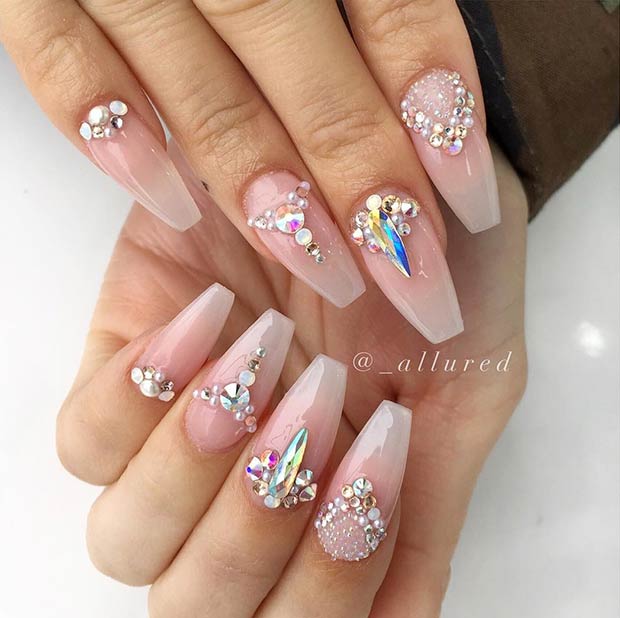 Nude Coffin Nails with Rhinestones