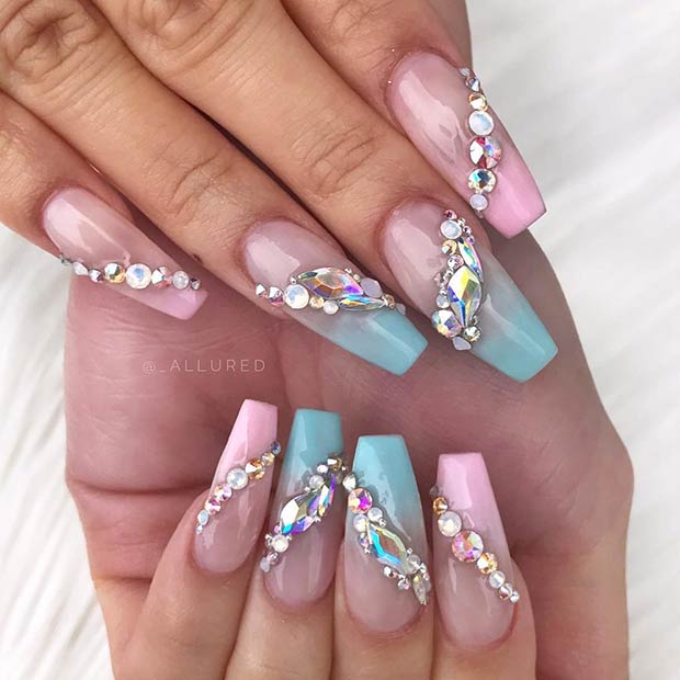 Ombre Nail Design with Rhinestones