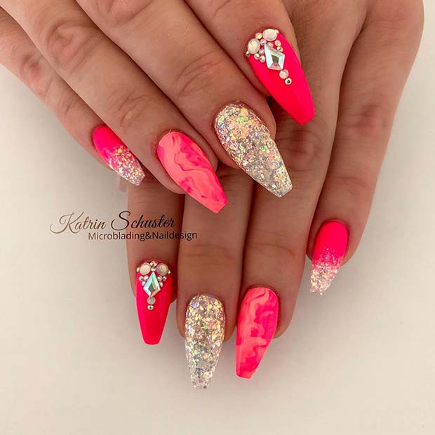 Pink Coffin Nails with Diamonds and Marble Art