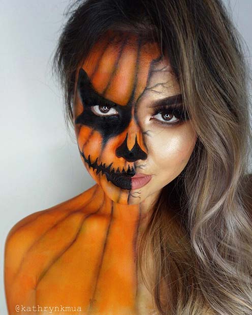 Scary Pumpkin Face and Body Makeup
