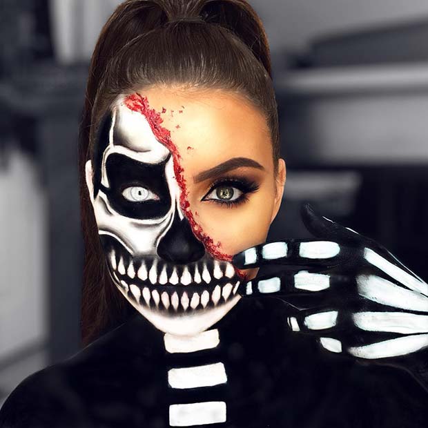 Skeleton Face and Body Makeup Idea