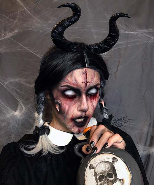 Terrifying Makeup with Horns and a Cross