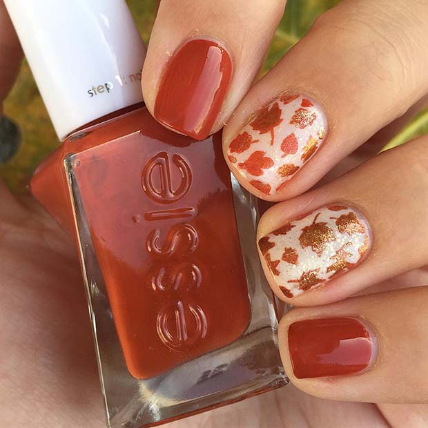 Trendy Orange Nails with Fall Leaves