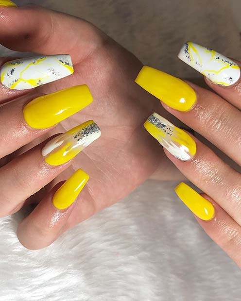 Trendy Yellow Nails with Marble Nail Art
