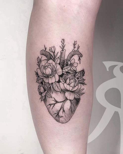 Unique Peony and Heart Tattoo