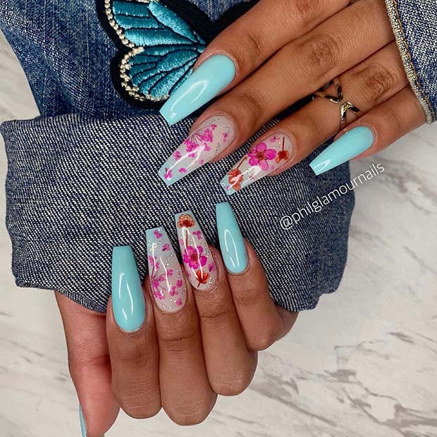 Baby Blue Nails with Floral Accent Art
