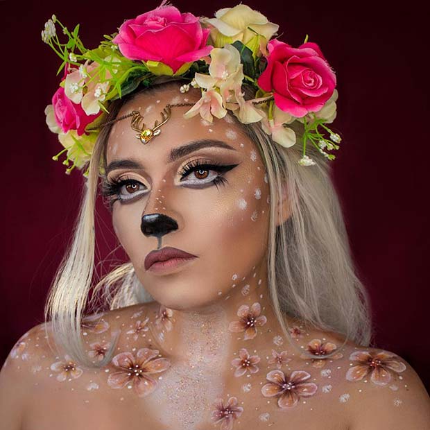 Beautiful Deer Makeup with Floral Crown