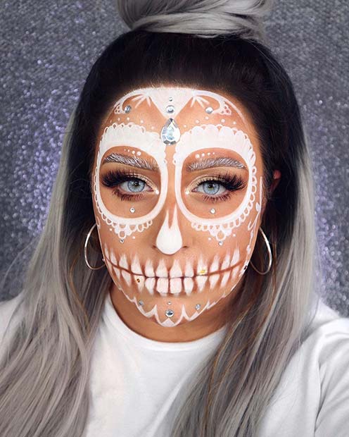 Beautiful White Lace Sugar Skull Makeup