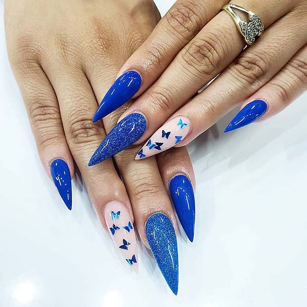 Blue Stiletto Nails with Butterflies
