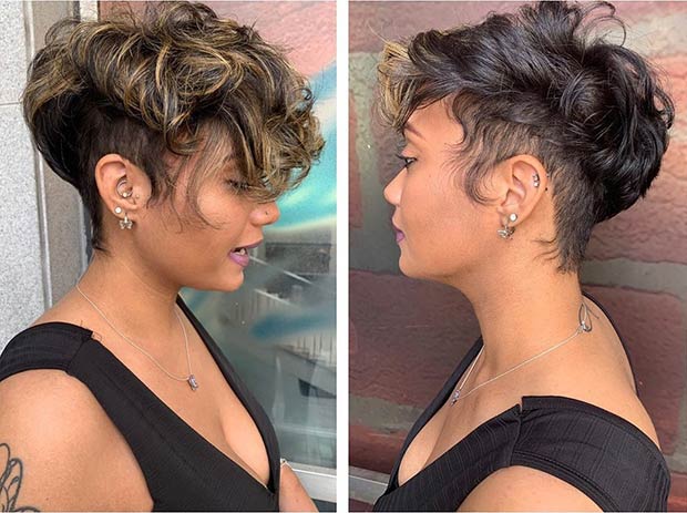 Curly Pixie Cut with Blonde Highlights