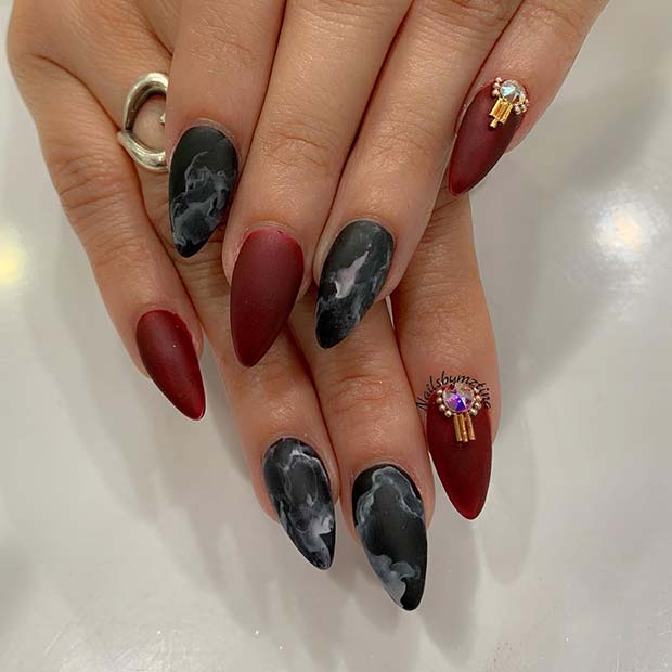 Dark Red Nails with Marble Nail Art