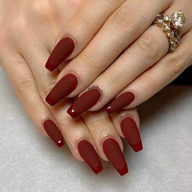 Deep Red Matte Nails with Glossy Tips