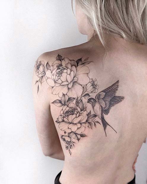 Flower and Bird Tattoo Idea