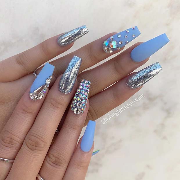 Glam Blue Nails with Rhinestones