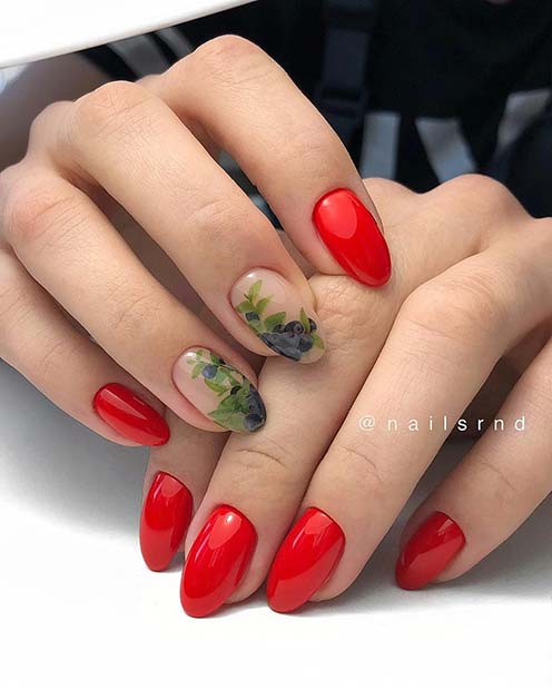 Glossy Red Nails with Fruity Nail Art